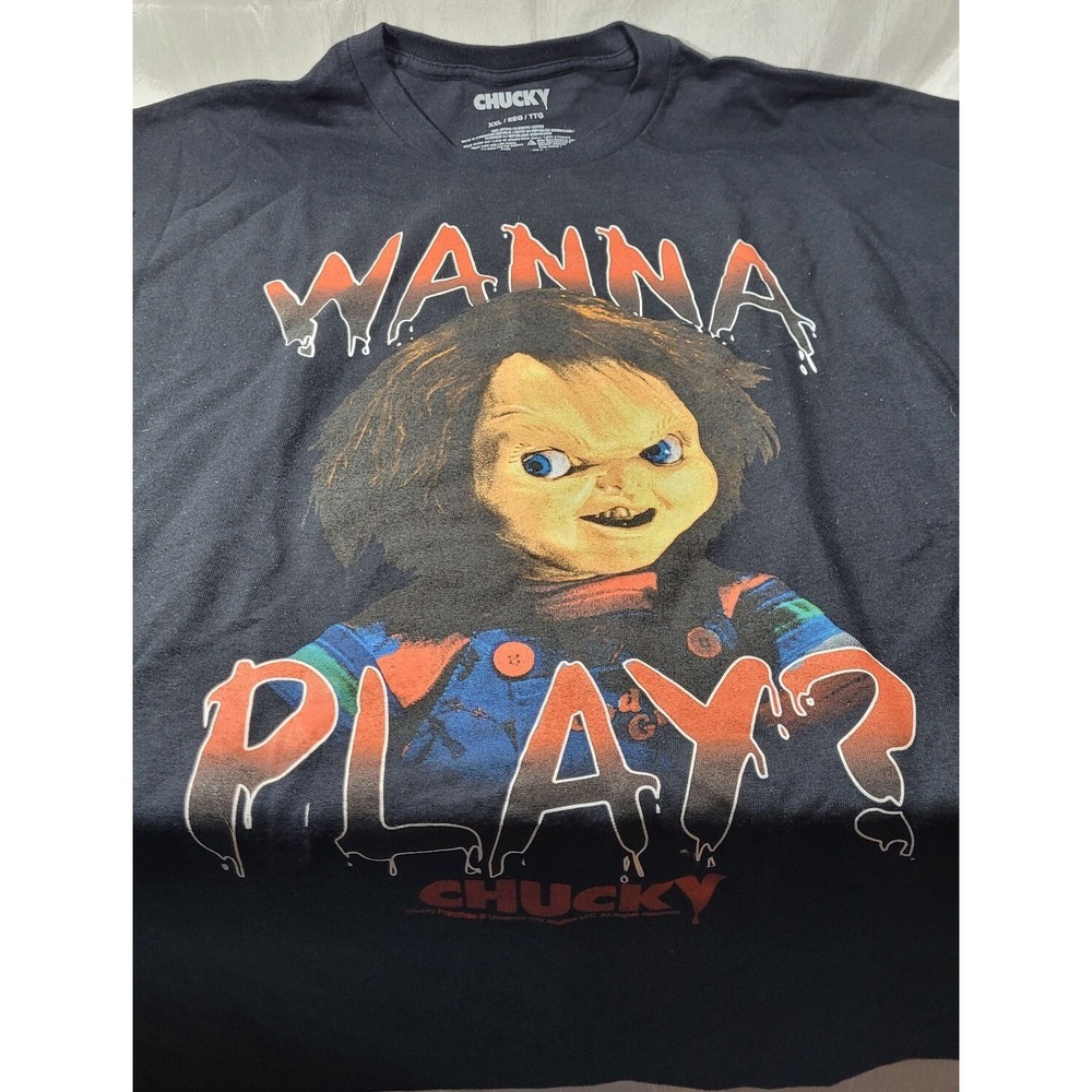 Mad Engine Chucky Horror Movie "Wanna Play?" Short Sleeve T-Shirt - Black - XXL
